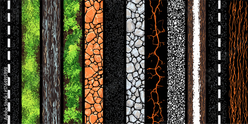 다채로운 자연과 도시의 지면 재료들을 벡터 그래픽으로 섬세하게 구현하여, 웹 및 게임 디자인 프로젝트의 배경으로 완벽하게 활용할 수 있는 독창적인 텍스처 세트입니다.