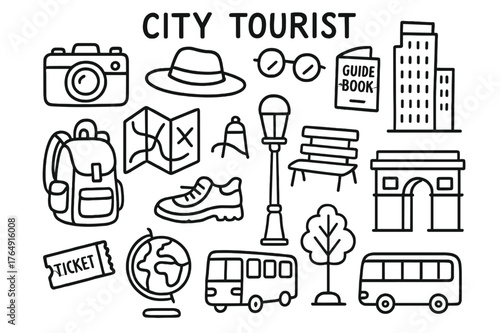 City Tourist Icons. City Tourist. Hand-drawn doodle illustration City Tourist camera, map, backpack, walking shoes, sunglasses, hat, guidebook, landmark,