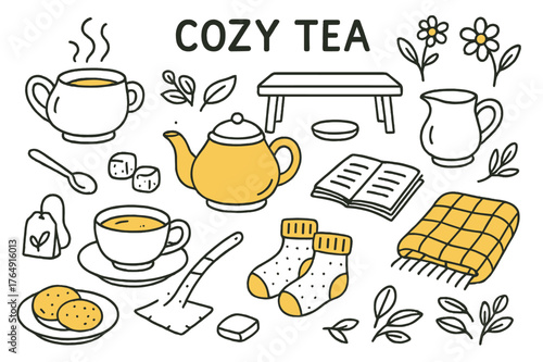 Cozy Tea Time. Cozy tea. Hand-drawn doodle illustration teapot (colored), teacup (colored), steaming tea (colored), saucer (colored), teaspoon (colored), sugar