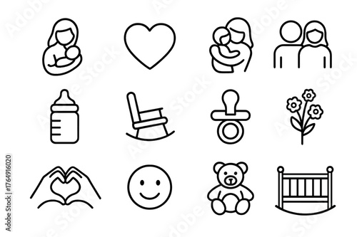 Mother's Care Icons. Mother?s care. Line icon set of mother?s care: mother holding baby, heart, hug, family, baby bottle, rocking chair, pacifier, flowers,