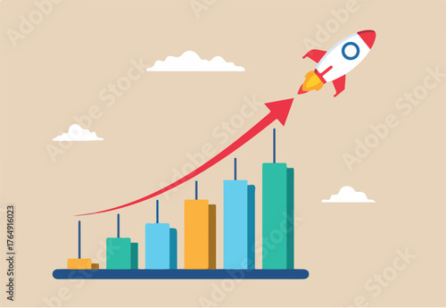 Flat illustration of financial graph with exponential arrow rise rocket flies symbolizing growth