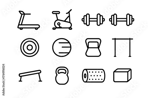 Fitness Icons Collection. Fitness Equipment. Line icon set of Fitness Equipment: treadmill, stationary bike, dumbbell pair, barbell, weight plate, gym ball,