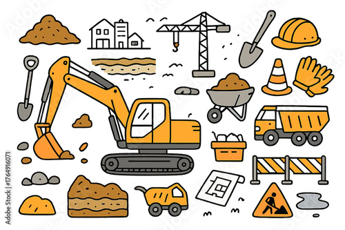 Cartoon Construction Scene. Excavation site. Hand-drawn doodle illustration excavator (colored), dirt pile (colored), construction site (colored), bucket arm