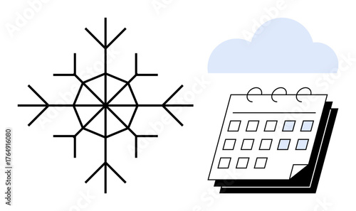 Snowflake, open calendar, and a small cloud represent wintertime planning, scheduling, or seasonal events. Ideal for weather, holiday prep, organization, time management seasonal changes minimal
