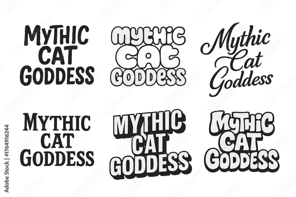 Fototapeta premium Mythic Cat Lettering Grid. Mythic Cat Goddess. Set lettering. harmonious lettering variations of the same emblematic concept (Grunge textured brush lettering,