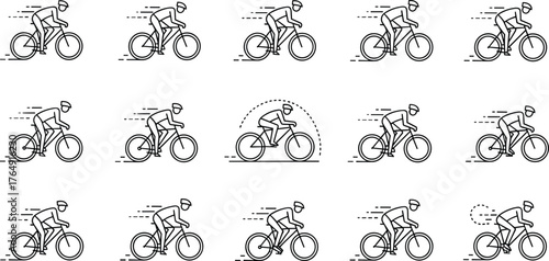 Fast Cycling Animation Sprite Sheet. Line Art Cyclist Riding Road Bicycle Set. Simple Outline Design for Racing, Sport, and Speed Concept. Vector Illustration.