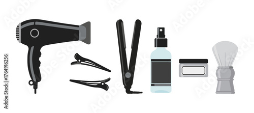 Hair styling tools and grooming : hairdryer, hair clips, a flat iron, a spray bottle, a jar, and a shaving brush.
