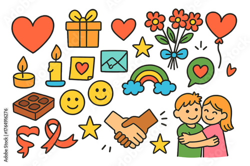 Romantic Doodle Icons. romantic gestures. Colorful Hand-drawn doodle Children illustration romantic gestures heart, gift, flowers, chocolate, balloon, candle,