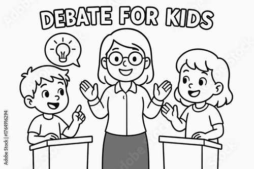 Kids Debate Coloring Page. Debate for kids children?s coloring book illustration, outlined drawing, two friendly children standing at small podiums discussing