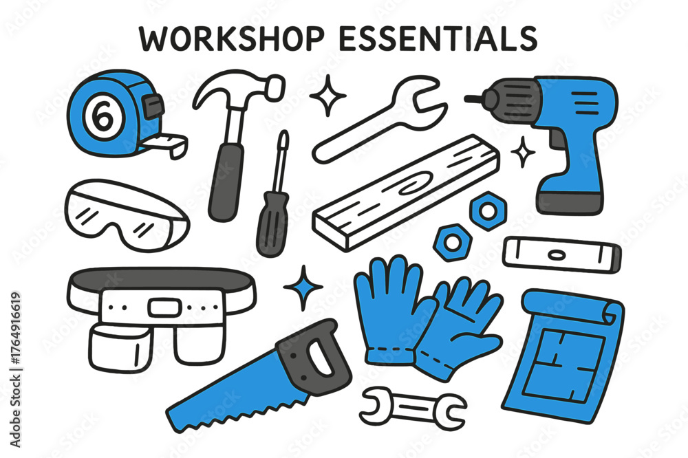 Fototapeta premium Workshop Tools Illustration. // Workshop essentials. Hand-drawn doodle illustration Workshop essentials [tape measure (accented), hammer (accented),