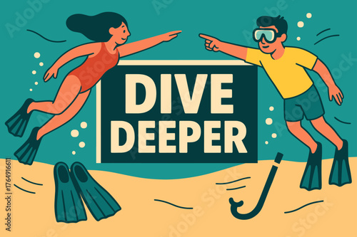 Dive Deeper Banner. Dive deeper banner, flat vector illustration, bold oversized text inside rectangular frame, cartoon characters swimming and pointing,