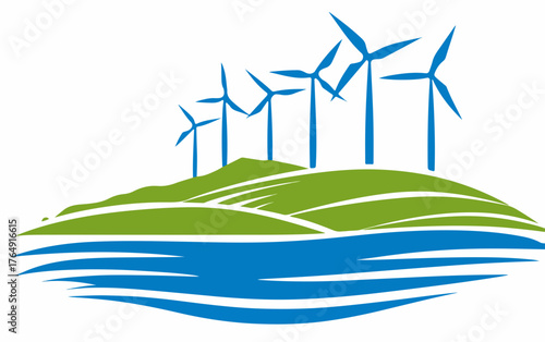 푸른 언덕과 잔잔한 물결 위에 우뚝 솟은 여러 풍력 터빈들이 친환경적인 지속 가능한 에너지 솔루션의 밝은 미래를 상징하며, 깨끗한 환경 보호의 중요성을 명확하게 제시하고 있습니다.