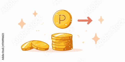 온라인 플랫폼에서 사용자가 적립한 포인트가 실제 금전적 가치를 지닌 빛나는 금화로 효율적으로 전환되는 과정을 시각적으로 아름답게 표현한 개념적인 일러스트레이션입니다.