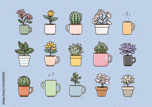 다채로운 파스텔 색감의 귀여운 머그컵 화분에 담긴 미니 다육식물과 작은 꽃들이 조화롭게 어우러진 벡터 일러스트 세트로, 아늑한 실내 공간에 생기 넘치는 자연의 평온함을 선사합니다.