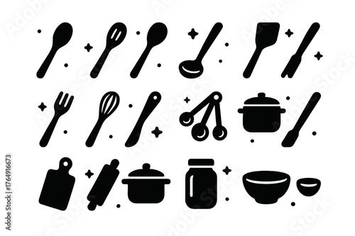 Wooden Utensils Icons. Wooden Spoon. Solid icons set of Wooden Spoon: cooking spoon, slotted spoon, ladle, spatula, fork, whisk, measuring spoon, rolling pin,