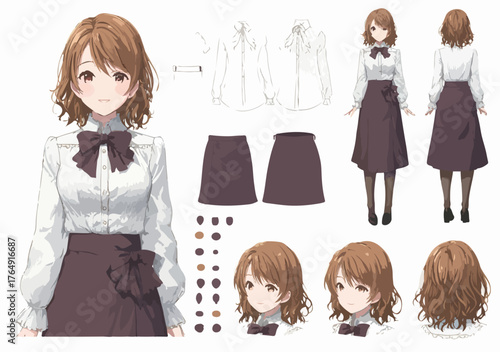 단정한 흰색 블라우스와 갈색 스커트를 입은 애니메이션 스타일의 젊은 여성 캐릭터 디자인 설정화로, 다양한 표정과 의상 디테일을 포함한 상세한 벡터 일러스트레이션입니다.