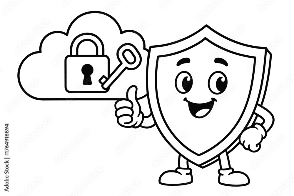 Naklejka premium Cybersecurity Shield Coloring. Cyber security for kids children?s coloring book illustration, outlined drawing, a happy shield character guarding cloud data