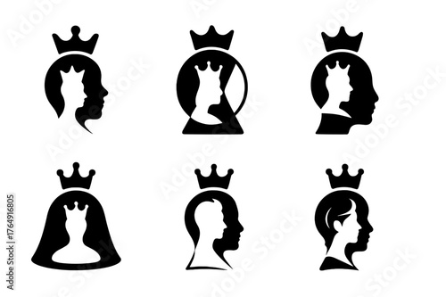 Celebrity Logo Designs. TV personalities and celebrities. Set Logo of TV personalities and celebrities: celebrity profile silhouette with crown and spotlight.