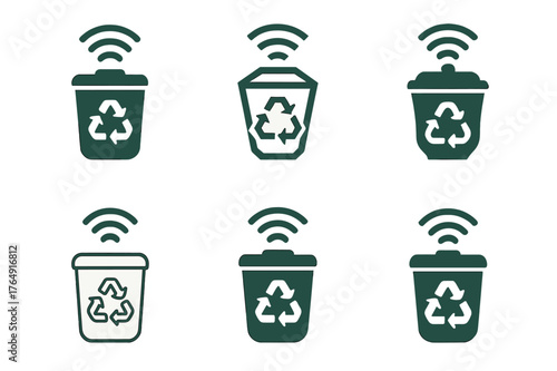 Urban Sustainability Icons. Urban sustainability. Set Logo of Urban sustainability: smart recycling bin with sensor waves. Icon set. harmonious logo variations