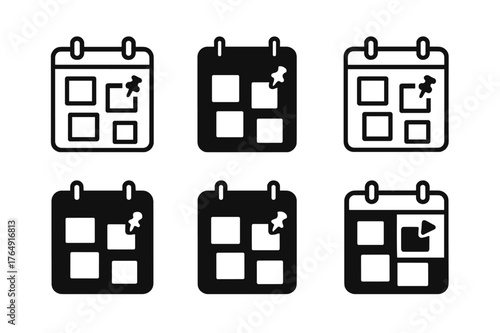 Stylized Calendar Logos. Hanging calendars and planners for easy access. Set Logo of Hanging calendars and planners for easy access: planner board with sticky