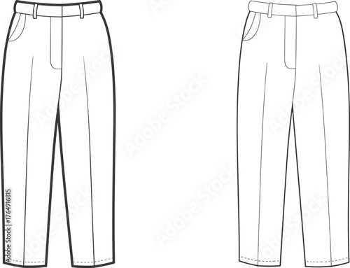 Flat technical sketch of casual men's pants, front and back view, fashion design template for garment production, illustration for apparel industry use.