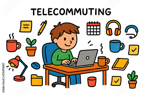 Telecommuting Essentials Doodle. telecommuting. Colorful Hand-drawn doodle Children illustration telecommuting laptop, desk, chair, coffee cup, notebook, pen,