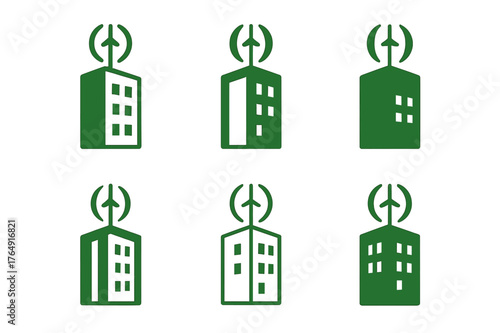 Urban Sustainability Logos. Urban sustainability. Set Logo of Urban sustainability: building facade with vertical-axis wind turbine. Icon set. harmonious logo