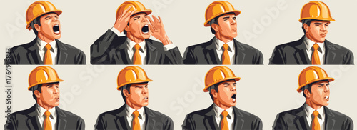 안전모를 착용한 남자가 작업 현장에서 발생할 수 있는 여러 상황에 대한 놀라움, 경고, 소통 등 다채로운 감정을 생생하게 표현하는 벡터 일러스트레이션.