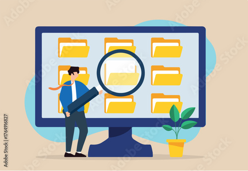 Flat illustration of businessman use magnifying glass to search file on computer screen document archive management