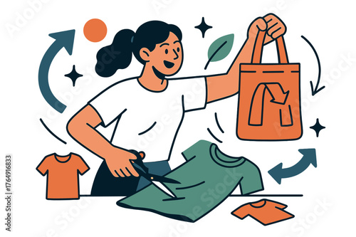 Eco-Friendly Tote Creation. Upcycling and creative reuse of materials. Individual making tote bags from old t-shirts with abstract floating icons, arrows, and