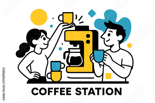 Modern Coffee Station. Coffee Station. Modern coffee station with cups, coffee machine, and floating abstract geometric shapes, cozy and inviting scene. Modern