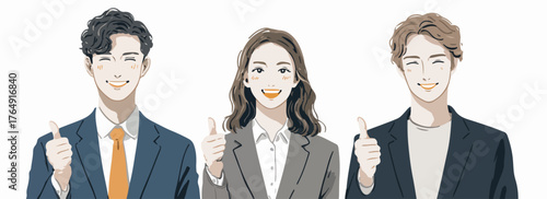 밝게 웃는 남녀 직장인들이 엄지손가락을 치켜세우며 긍정적인 평가와 성공적인 협력을 나타내는 벡터 일러스트레이션.