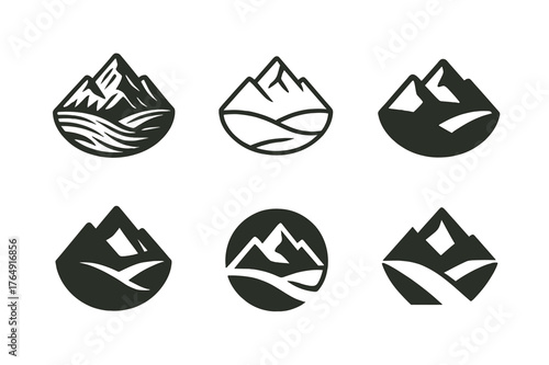 Mountain Logo Variations. Graphic design trends ? nature-inspired design. Set Logo of mountain landscape: peaks with valley. Icon set. harmonious