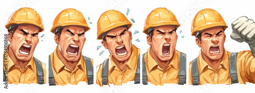안전모를 착용한 남성 작업자가 직면한 어려움과 불만을 극한의 분노와 스트레스로 표출하며 격렬하게 소리치고 주먹을 쥐는 다양한 감정 상태를 벡터 일러스트로 생생하게 담아냈습니다.
