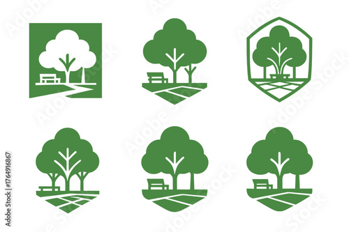 Urban Landscape Logos. Landscape architecture for urban regeneration. Set Logo of Landscape architecture for urban regeneration: Urban plaza with shade trees.