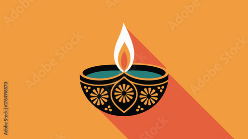Illustration of a diya lamp with a flame on an orange background with a long shadow cast to the right