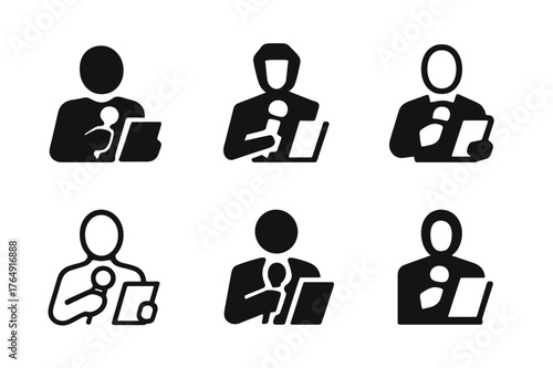 Celebrity Icon Silhouettes. TV personalities and celebrities. Set Logo of TV personalities and celebrities: silhouette of host holding microphone and cue