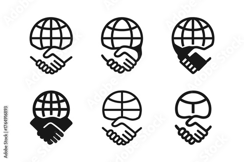Global Partnership Logos. Social impact of businesses. Set Logo of global partnership handshake: harmonious logo variations of the same emblematic concept,