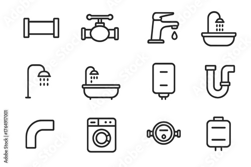 Water Distribution Icons. Water distribution. Line icon set of water distribution: water pipe, valve, faucet, sink, shower, bathtub, water heater, drainage