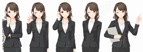전문적인 분위기를 연출하는 다채로운 표정과 제스처의 비즈니스 여성 캐릭터 벡터 일러스트 세트가 여러 상황에 활용될 수 있음을 나타냅니다.