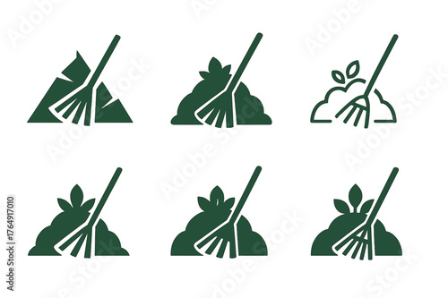 Leaf Logo Variations. Raking leaves. Set Logo of leaf pile mound: harmonious logo variations of the same emblematic concept, each with different artistic