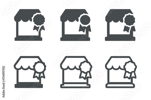 New Arrivals Logo Grid. New arrivals display. Set Logo of New arrivals display: storefront window with corner ribbon badge. Icon set. harmonious logo