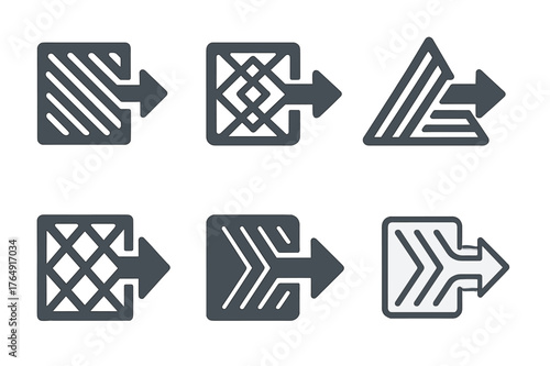 Air Filter Logos. Checking air filters. Set Logo of Checking air filters: furnace filter with airflow arrow. harmonious logo variations of the same emblematic