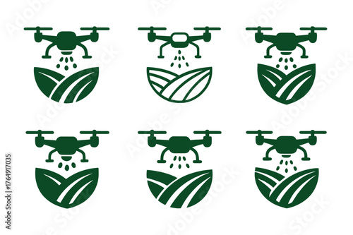 Drone Farming Logos. Agricultural innovation and food security. Set Logo of drone spraying fields: harmonious logo variations of the same emblematic concept,