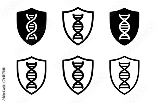 Cloning Lab Logos. The ethics of cloning and creating synthetic organisms. Set Logo of lab oversight: shield with double helix. Icon set. harmonious logo
