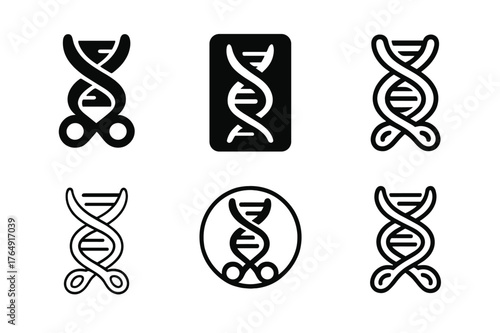 CRISPR Ethics Logos. The ethics of cloning and creating synthetic organisms. Set Logo of CRISPR ethics: scissors and helix. Icon set. harmonious logo