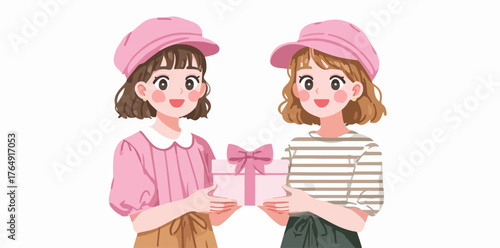 환한 미소를 짓는 두 소녀가 분홍색 모자를 쓰고 서로에게 정성껏 준비한 선물 상자를 건네며 따뜻한 우정과 기쁨을 나누는 행복한 순간을 포착한 아름다운 벡터 일러스트레이션입니다.