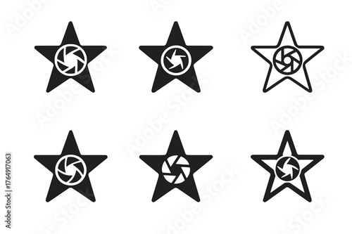 Celebrity Logo Variations. TV personalities and celebrities. Set Logo of TV personalities and celebrities: camera lens forming a stylized star icon. Icon set.