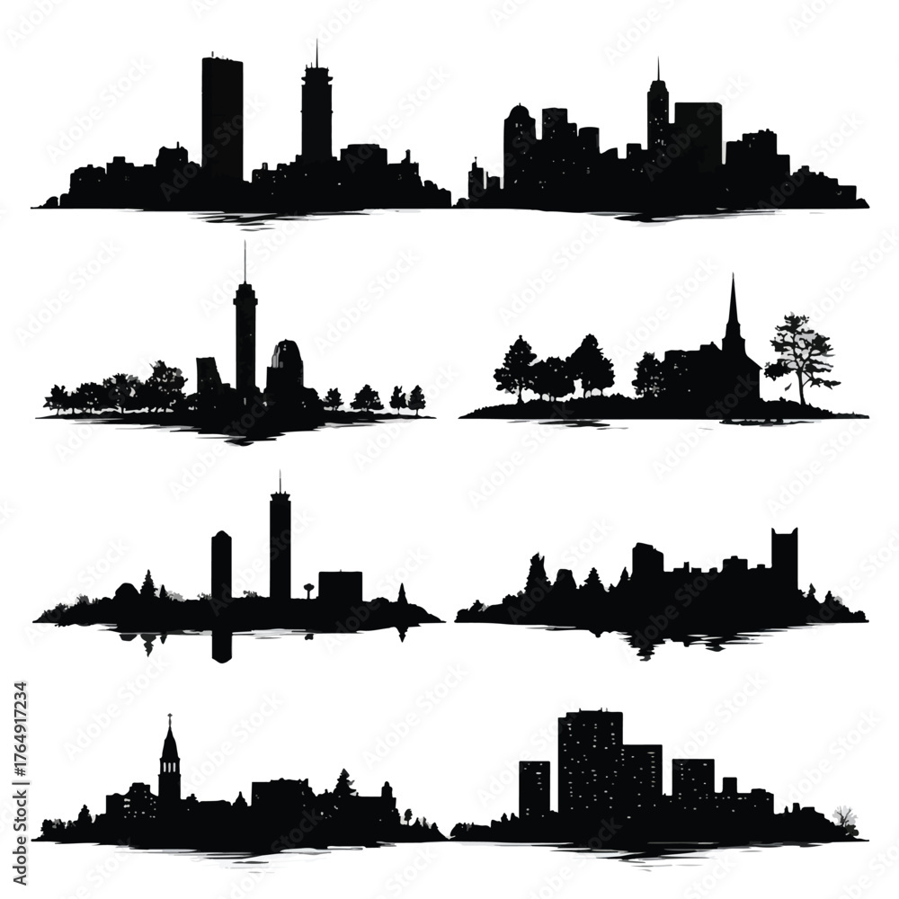 Obraz premium Collection of boston cityscape silhouettes for graphic design projects isolated on white background