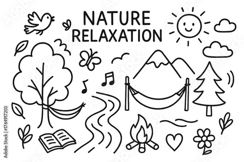 Nature Relaxation Icons. Nature relaxation. Hand-drawn doodle illustration nature relaxation tree, river, mountain, hammock, sun, clouds, leaves, bird,